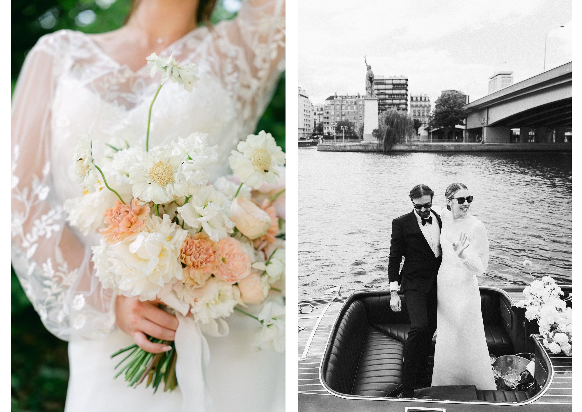 Couple de mariés sur un bateau sur la Seine, moment romantique, photographe mariage luxe Paris