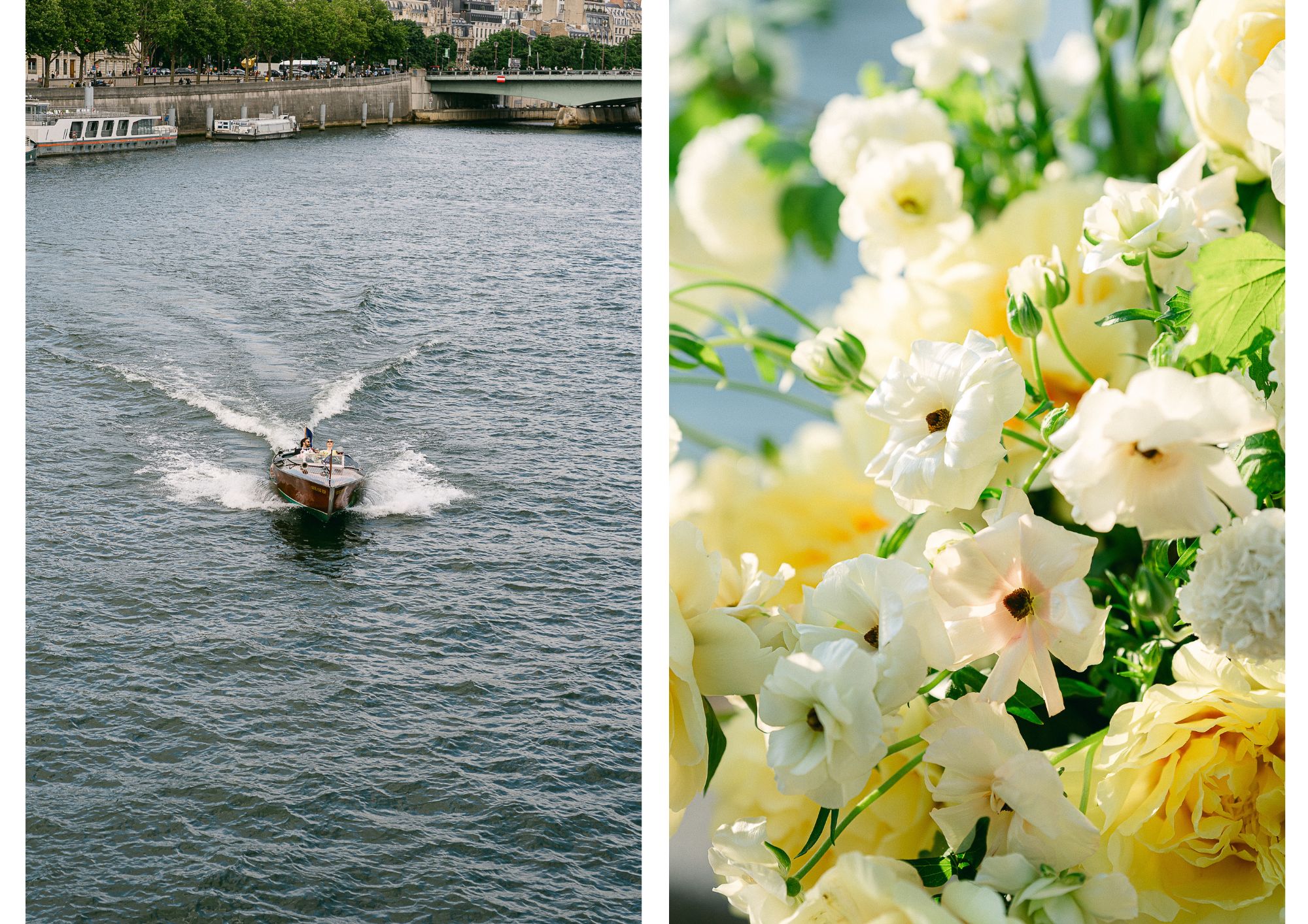 Couple de mariés sur un bateau sur la Seine, moment romantique, photographe mariage luxe Paris
