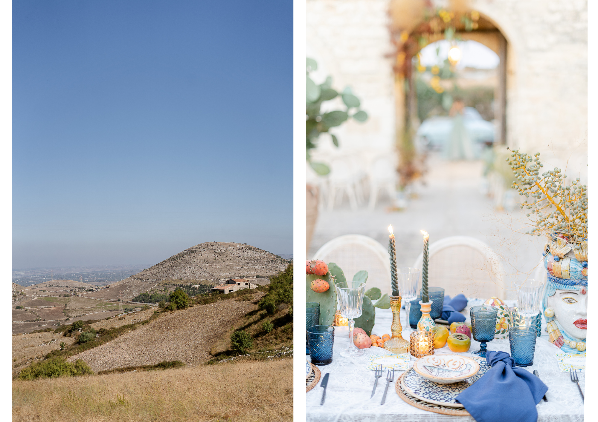 Table sicilienne dressée en extérieur avec mets traditionnels et vaisselle artisanale- photographe mariage Julie Chef Photography